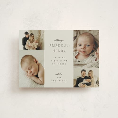 This is a boho neutral birth announcement postcards with standard by Ana Sharpe called photo stack printing on signature in postcard