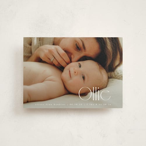 This is a cotton birth announcement postcards with standard by Kristie Kern called ollie printing on signature in postcard