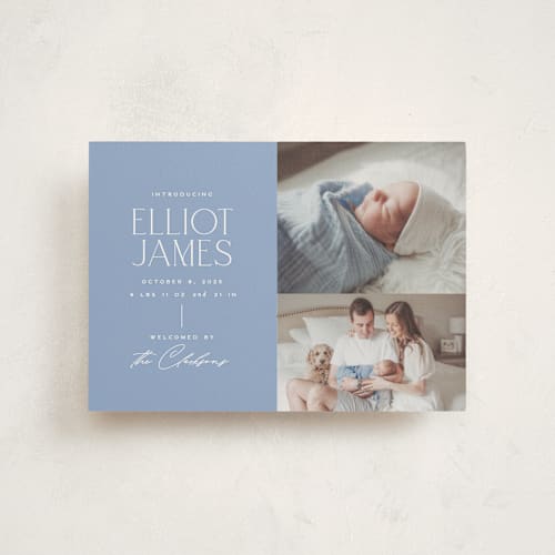 This is a periwinkle birth announcement postcards with standard by Jessica Corliss called announcing elegance printing on signature in postcard