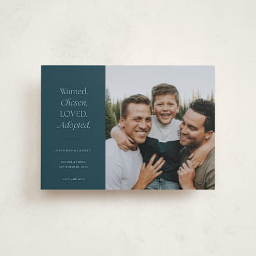 This is a jade birth announcement postcards with standard by That Girl Press called favorite things printing on signature in postcard