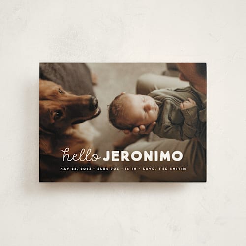 This is a cloud birth announcement postcards with standard by Snow and Ivy called meet me printing on signature in postcard