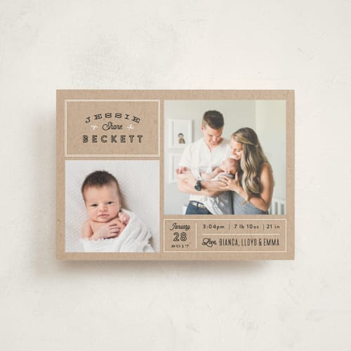 This is a kraft birth announcement postcards with standard by Jennifer Wick called headlines printing on signature in postcard