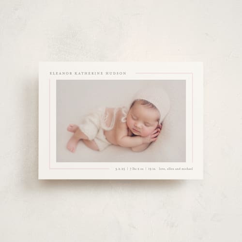 This is a blush birth announcement postcards with standard by Lauren Chism called simply serene printing on signature in postcard