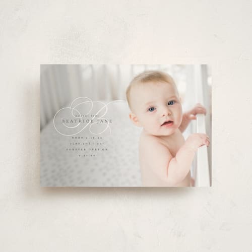 This is a silver sage birth announcement postcards with standard by Olivia Raufman called classic welcome printing on signature in postcard