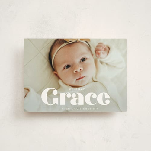This is a pearl birth announcement postcards with standard by Lori Wemple called name printing on signature in postcard