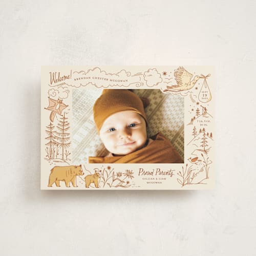This is a cream birth announcement postcards with standard by Morgan Ramberg called baby bear printing on signature in postcard