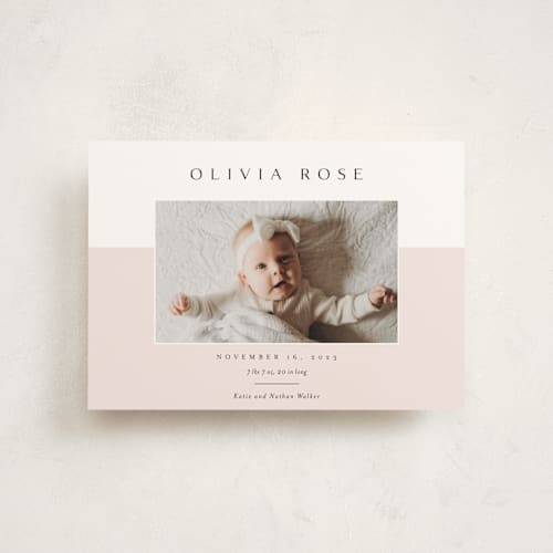 This is a peony birth announcement postcards with standard by Kasia Labocki called cherished printing on signature in postcard