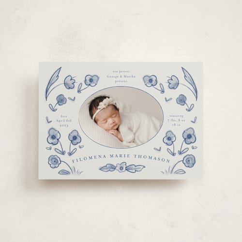 This is a delft blue birth announcement postcards with standard by Ani Somi called painted flowers printing on signature in postcard