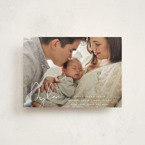 This is a powder birth announcement postcards with standard by Sara Hicks Malone called delicate printing on signature in postcard