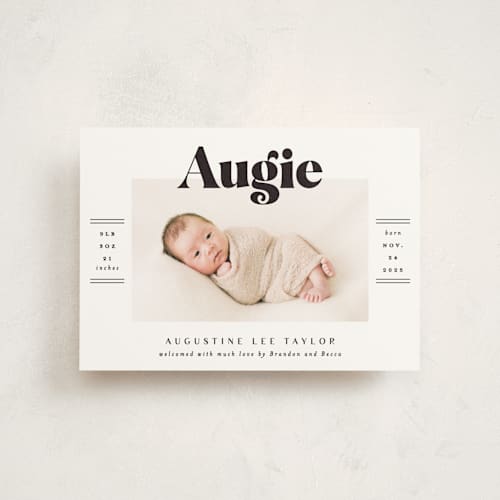 This is a ash birth announcement postcards with standard by Alethea and Ruth called bold name frame printing on signature in postcard