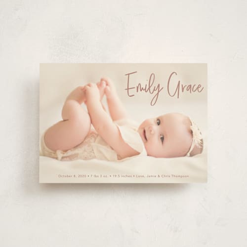 This is a dusty rose birth announcement postcards with standard by Lorena Depante called elegance in the name printing on signature in postcard