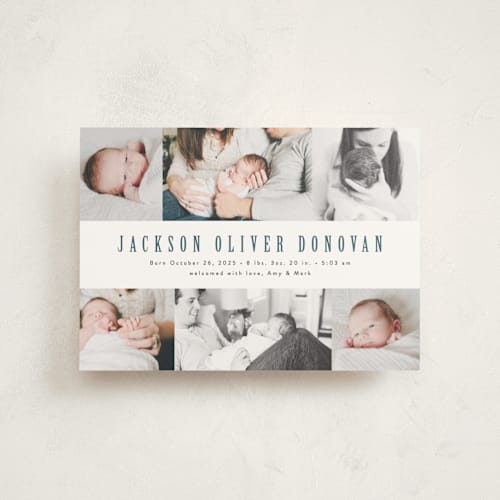 This is a steel blue birth announcement postcards with standard by Ana Sharpe called photo stripes printing on signature in postcard