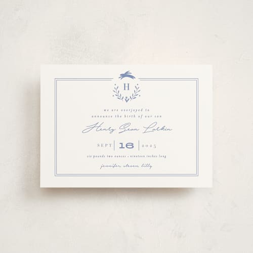 This is a cobalt blue birth announcement postcards with standard by Susan Brown called classic baby monogram printing on signature in postcard