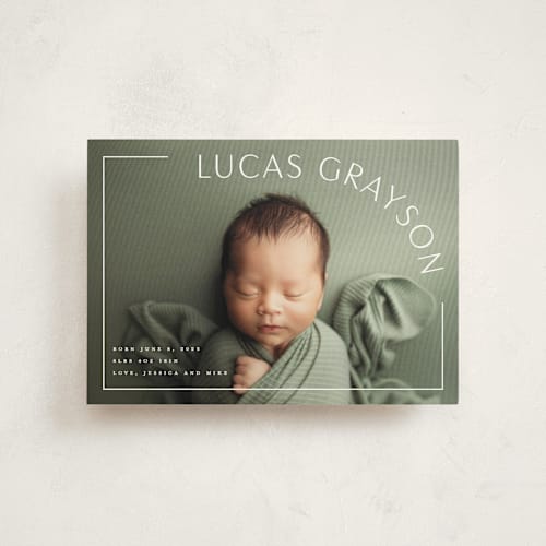This is a snow birth announcement postcards with standard by Lauren Chism called take shape printing on signature in postcard