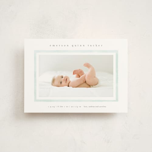 This is a mint birth announcement postcards with standard by Lauren Chism called golightly printing on signature in postcard
