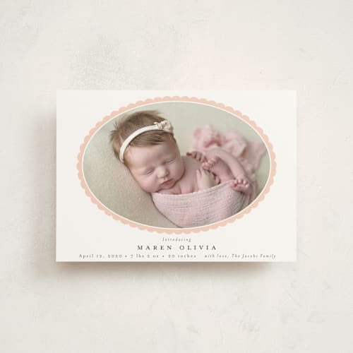 This is a peach birth announcement postcards with standard by Emily Betts called scallop oval printing on signature in postcard