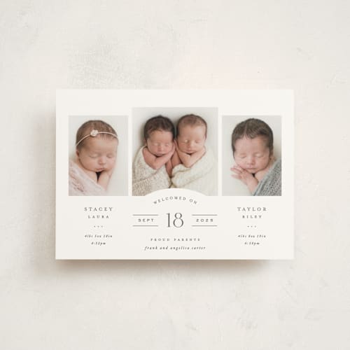 This is a slate birth announcement postcards with standard by Hooray Creative called twinsies printing on signature in postcard