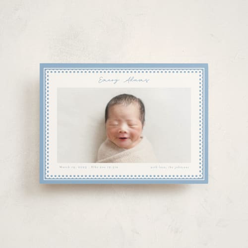 This is a sky birth announcement postcards with standard by Nicole Walsh called stitched frame printing on signature in postcard