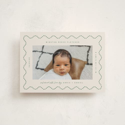 This is a moss birth announcement postcards with standard by Kelly Watkins called squiggle: landscape printing on signature in postcard