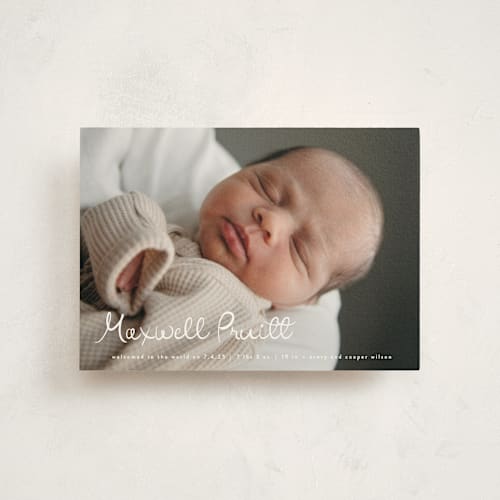 This is a snow birth announcement postcards with standard by Lauren Chism called written whimsy printing on signature in postcard