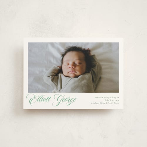 This is a clover birth announcement postcards with standard by Megan Davis called hollis printing on signature in postcard