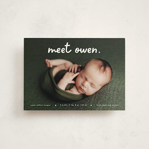 This is a snow birth announcement postcards with standard by Lauren Chism called meet cute printing on signature in postcard