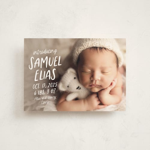 This is a cloud birth announcement postcards with standard by Lea Delaveris called all write printing on signature in postcard