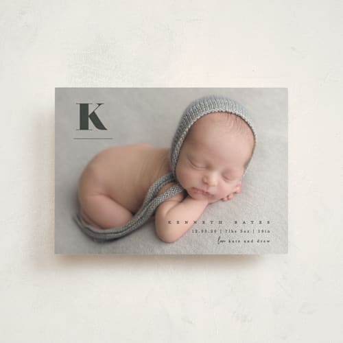 This is a ink birth announcement postcards with standard by Creo Study called my alphabet printing on signature in postcard