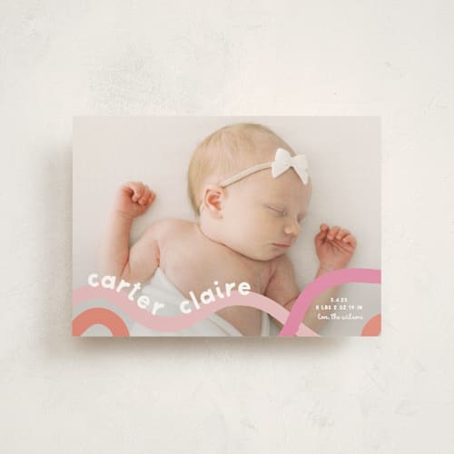 This is a peach sherbet birth announcement postcards with standard by Lauren Chism called wiggle worm printing on signature in postcard