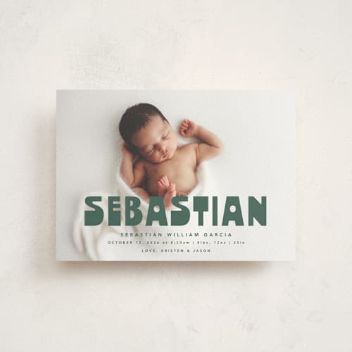 This is a forest birth announcement postcards with standard by Anna Elder called boldly named printing on signature in postcard
