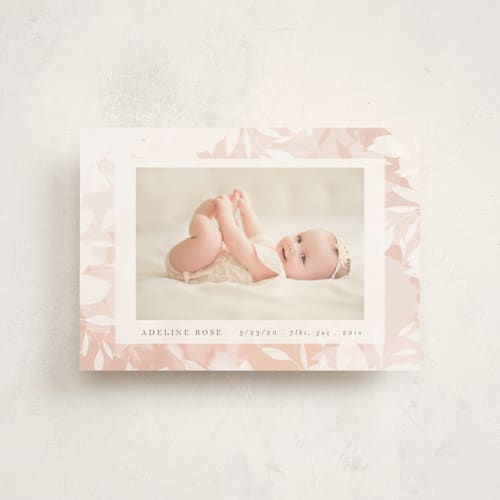 This is a blush birth announcement postcards with standard by Angela Thompson called blush branches printing on signature in postcard