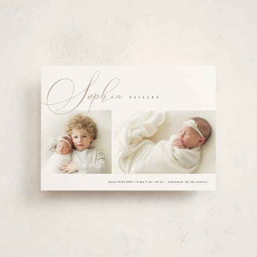 This is a oat birth announcement postcards with standard by Pixel and Hank called classic twist printing on signature in postcard