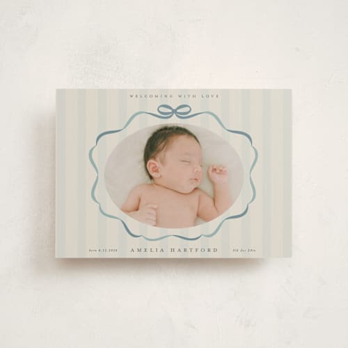 This is a lagoon birth announcement postcards with standard by Lori Wemple called bows and stripes printing on signature in postcard