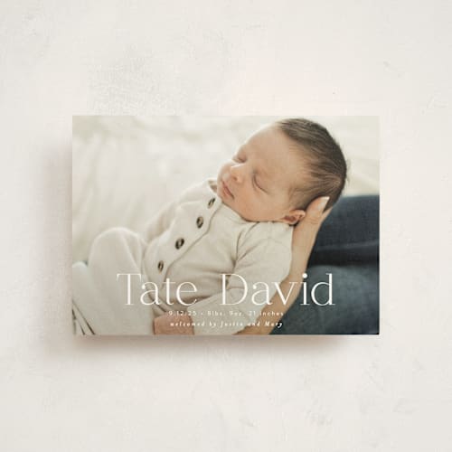 This is a cloud birth announcement postcards with standard by Alethea and Ruth called stacked name printing on signature in postcard