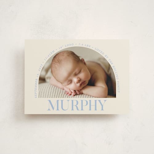 This is a bluebird day birth announcement postcards with standard by Baumbirdy called type arch printing on signature in postcard