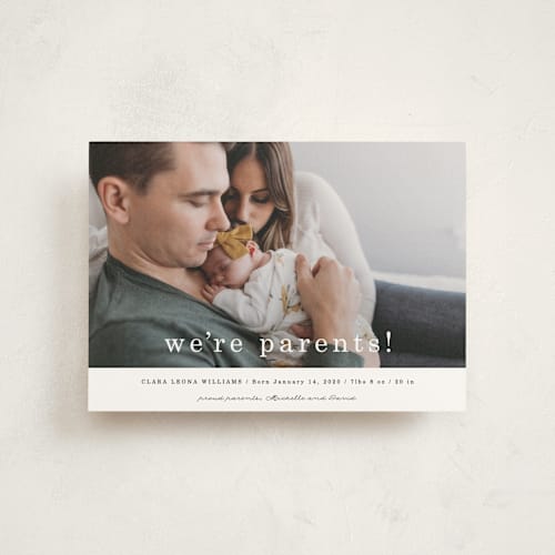 This is a cotton birth announcement postcards with standard by Maria Hilas-Louie called we're parents printing on signature in postcard