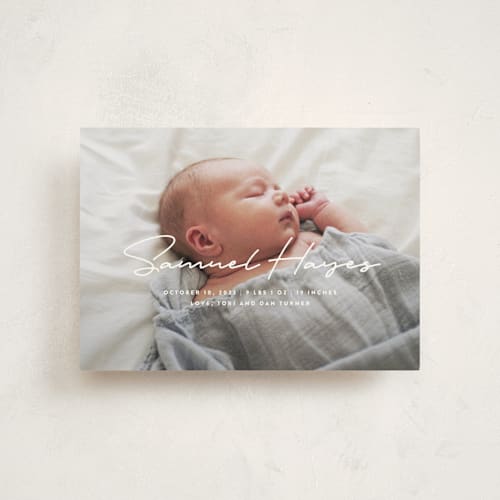 This is a milk birth announcement postcards with standard by Lauren Chism called signature-esque printing on signature in postcard