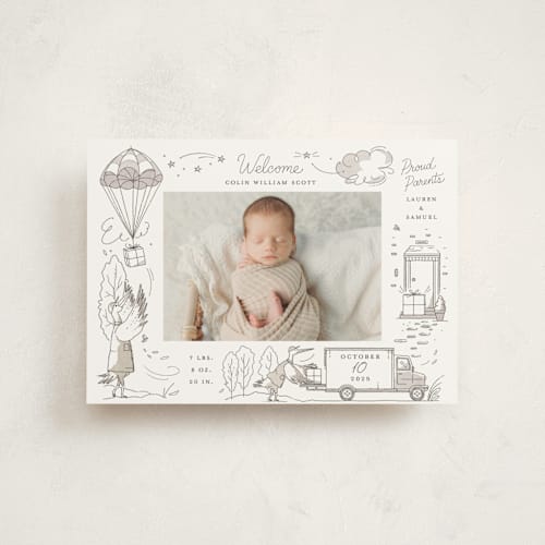 This is a slate birth announcement postcards with standard by Morgan Ramberg called special delivery printing on signature in postcard
