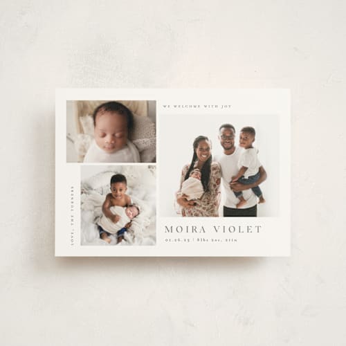 This is a stone birth announcement postcards with standard by Carolyn MacLaren called welcome with joy printing on signature in postcard