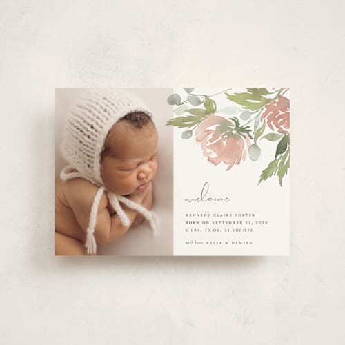 This is a peach birth announcement postcards with standard by Stacey Meacham called watercolor bouquet printing on signature in postcard