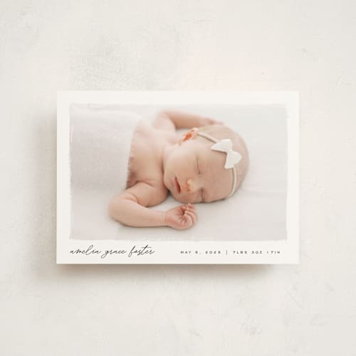 This is a snow birth announcement postcards with standard by Pixel and Hank called edgy printing on signature in postcard