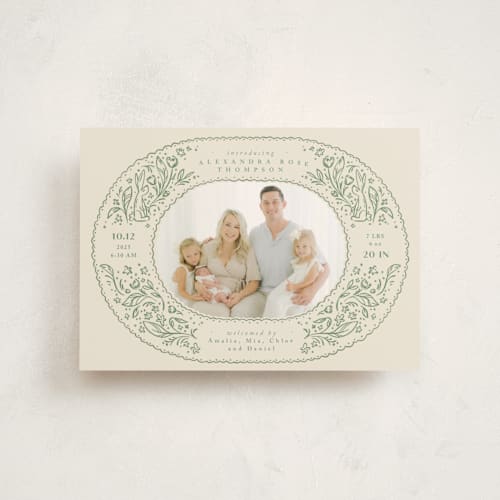 This is a sage birth announcement postcards with standard by Anastasia Makarova called bunnies and flowers printing on signature in postcard