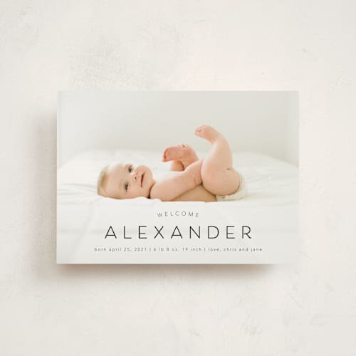 This is a night birth announcement postcards with standard by MC Designs called welcome our baby printing on signature in postcard