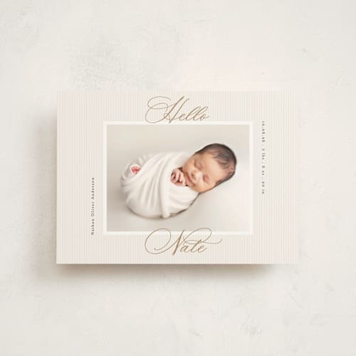 This is a sand birth announcement postcards with standard by Gwen Bedat called sweet stripes printing on signature in postcard
