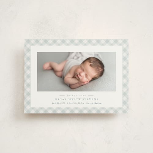 This is a sky birth announcement postcards with standard by Lea Delaveris called checked printing on signature in postcard