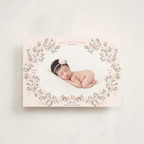 This is a blush birth announcement postcards with standard by Susan Moyal called sweet floral vine printing on signature in postcard