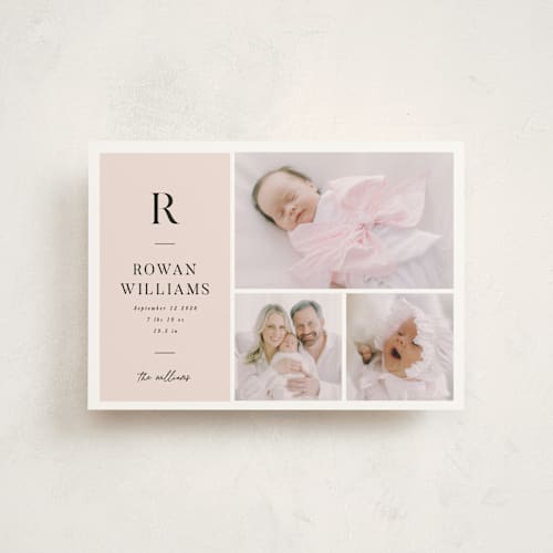 This is a blush birth announcement postcards with standard by Robert and Stella called monogram block printing on signature in postcard