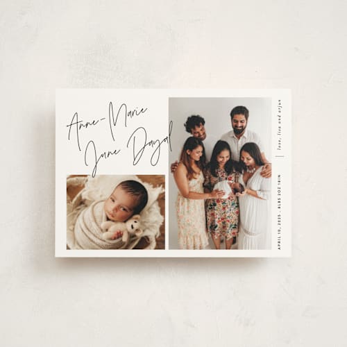 This is a cloud birth announcement postcards with standard by JoAnn Jinks called signature frames printing on signature in postcard