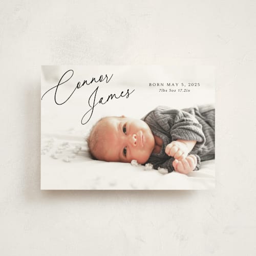 This is a obsidian birth announcement postcards with standard by Kaydi Bishop called on the horizon printing on signature in postcard