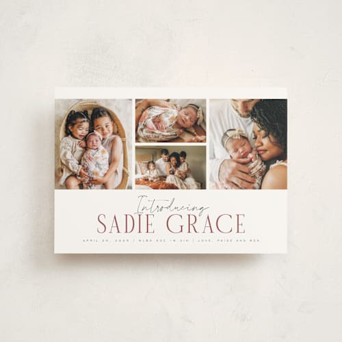 This is a rose birth announcement postcards with standard by Michelle Taylor called cheer all year printing on signature in postcard